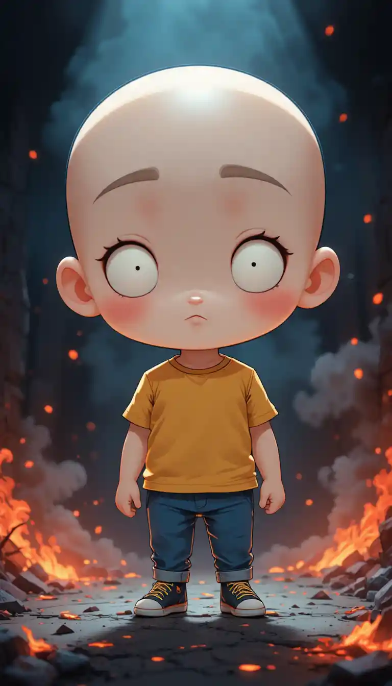 Personaggio chibi in scena buia e fumosa con scintille ardenti