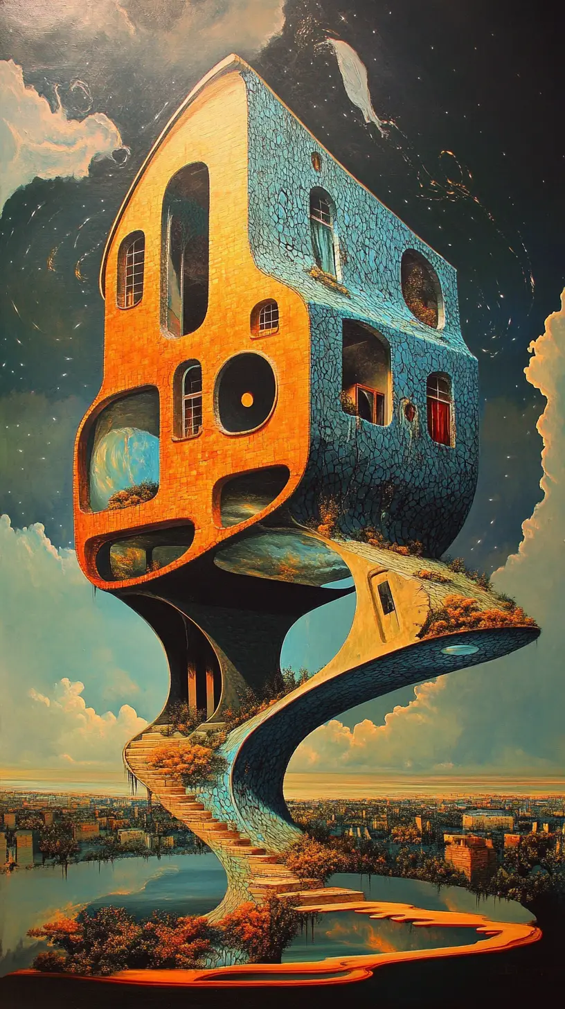 Surreal twisted house rising from a looping dreamlike realm