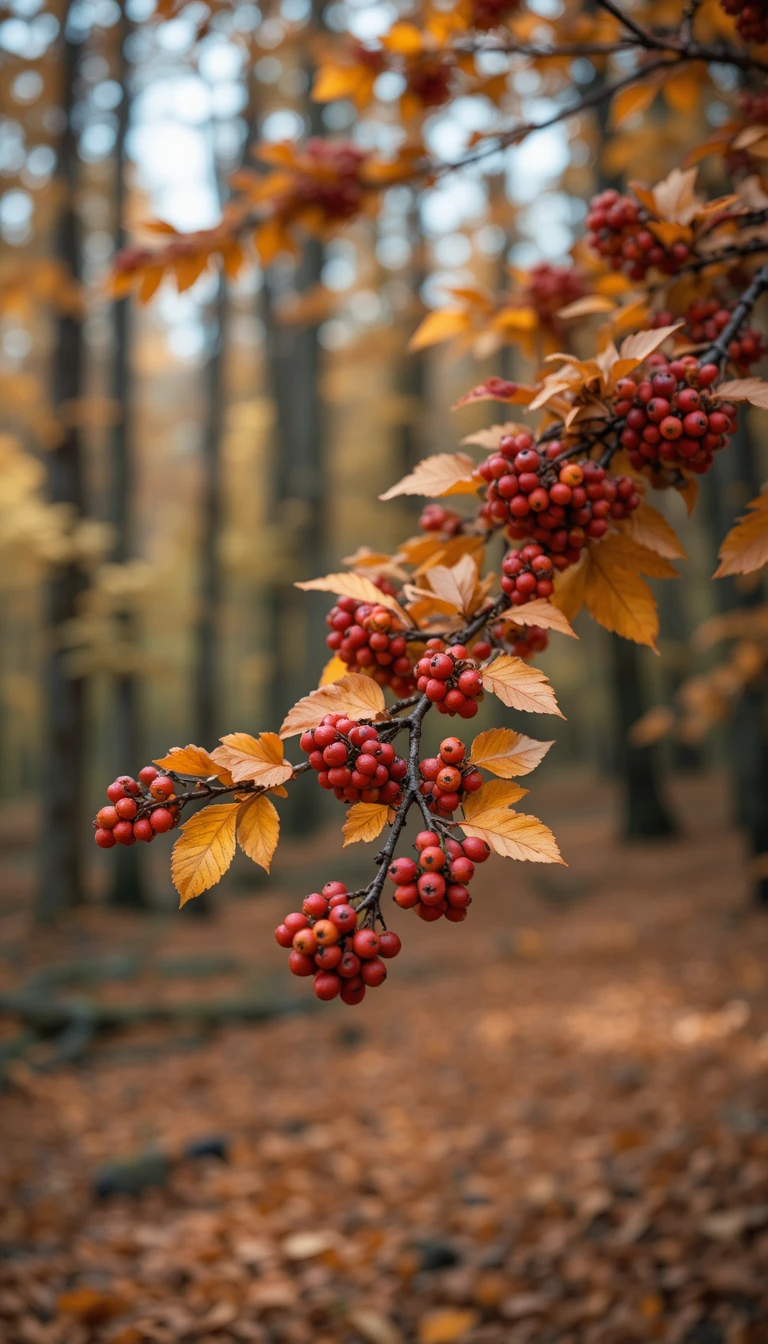 Autumn tree branch with red berries and yellow leaves