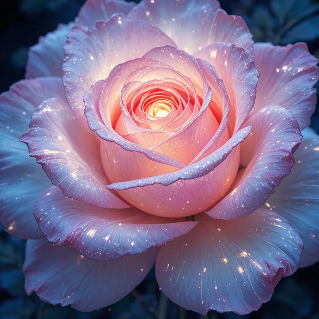 Dreamy bioluminescent rose in soft watercolor style