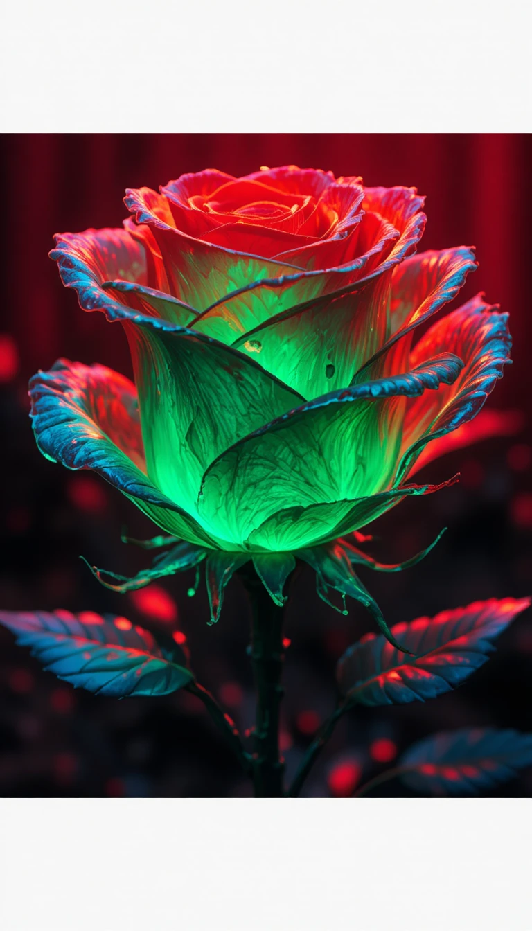 Glowing Red Rose With Green Light In Dark Abstract Background