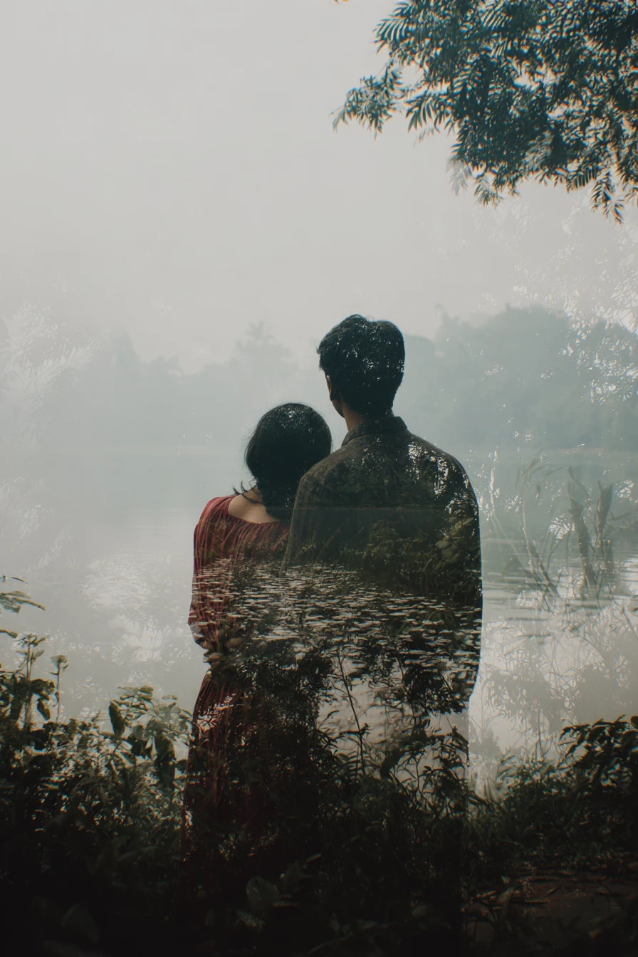 Surreal broken heartscape in cinematic double exposure