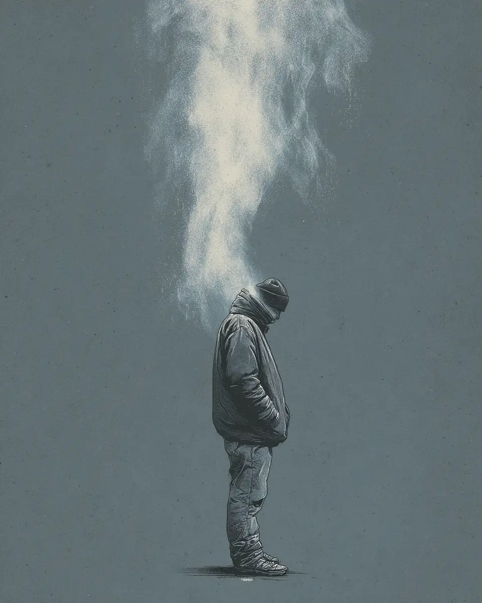 Lone figure breathing in cold winter air minimal illustration
