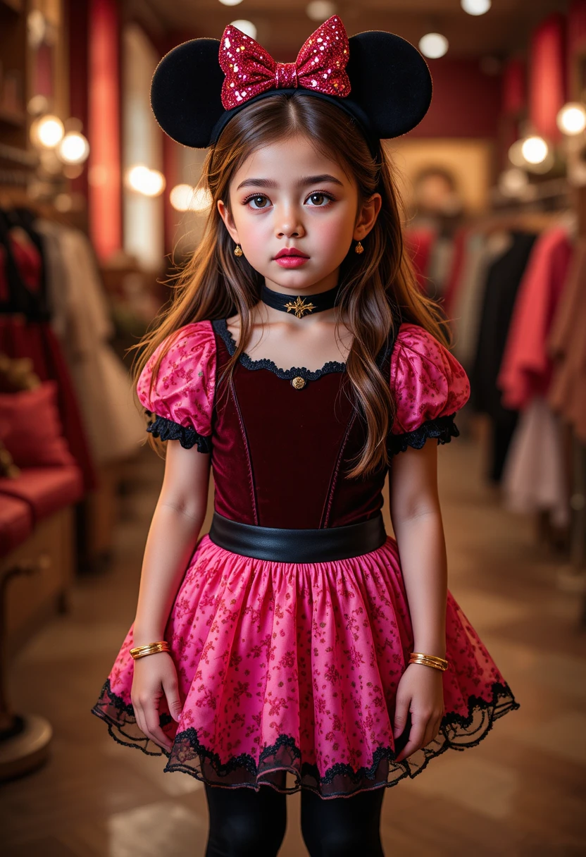 Niño nervioso con atuendo inspirado en Minnie entre bastidores de una boutique