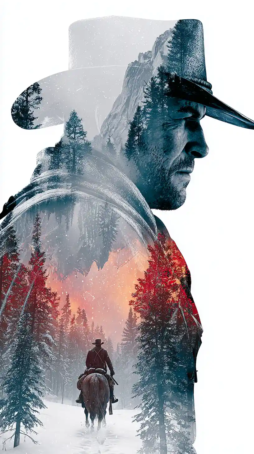 Double-Exposure-Cowboy-Silhouette mit winterlicher Frontier-Landschaft