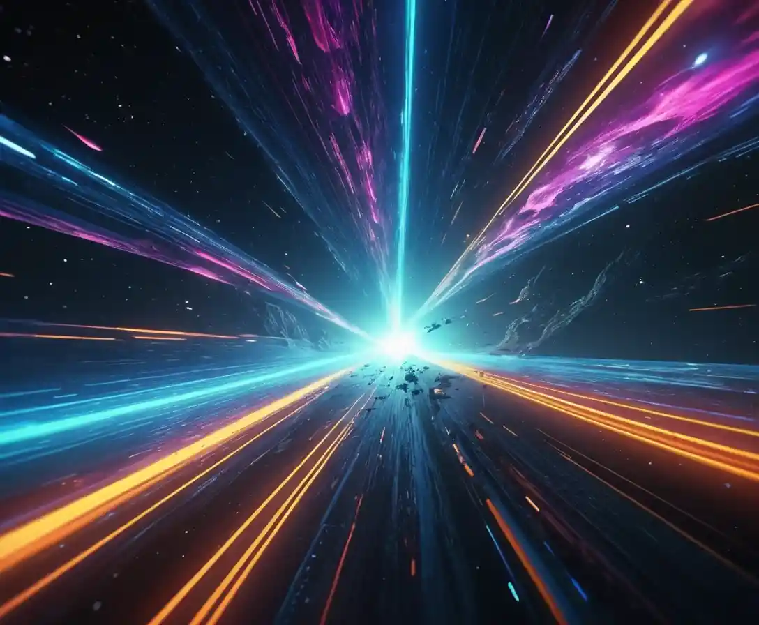 Sci fi warp jump with streaking stars and glowing waves