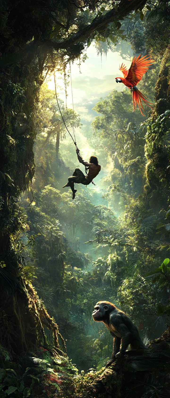 Hero swinging on vine through lush jungle canopy