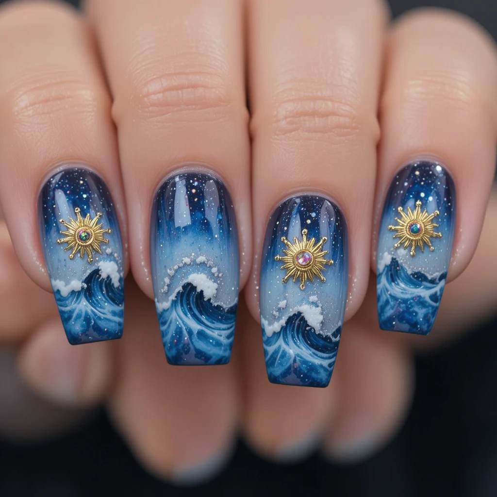 Close up of celestial blue coffin nails with gold suns