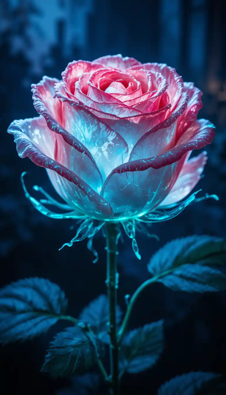 Glowing White Rose With Glass Petals In Dark Blue Background