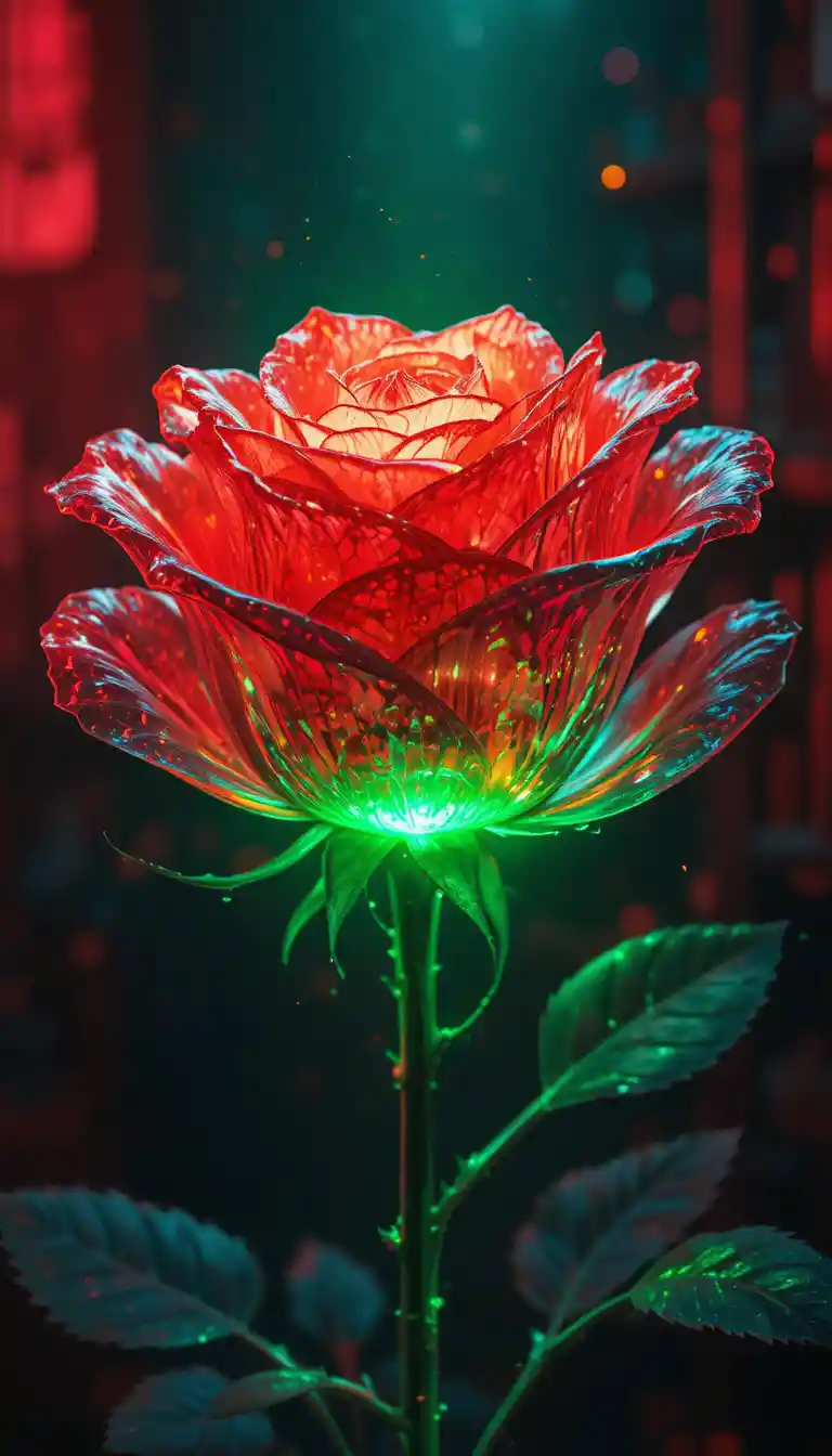 Glowing Red Rose In Surreal Green And Dark Background