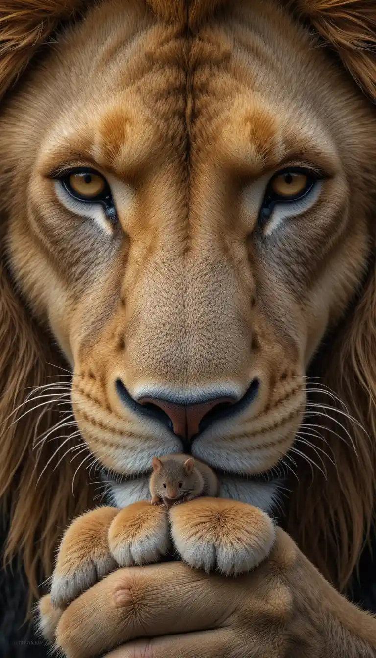 Massive lion close up with tiny mouse perched bravely
