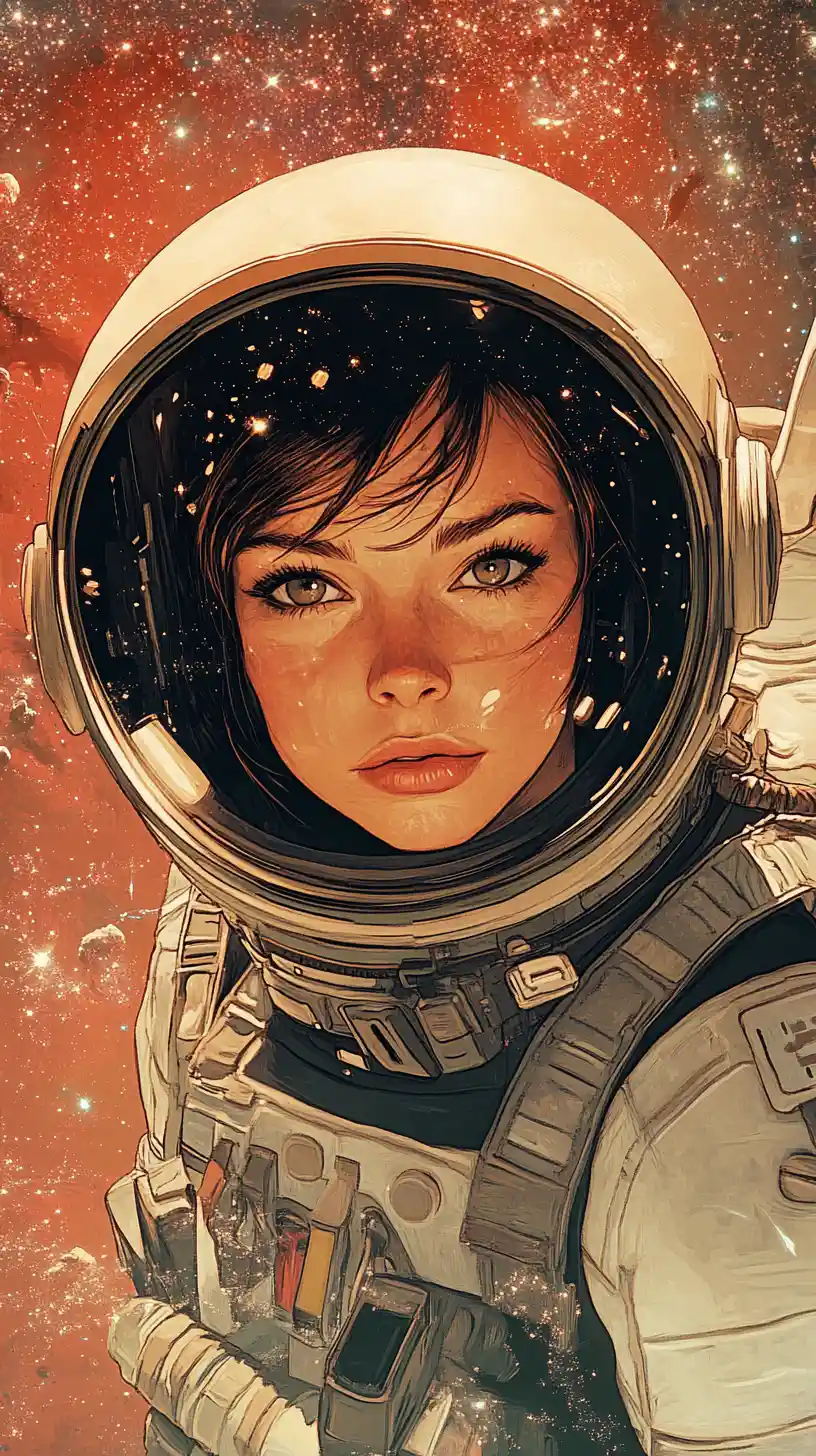Female Astronaut Floating Alone Above The Martian Surface