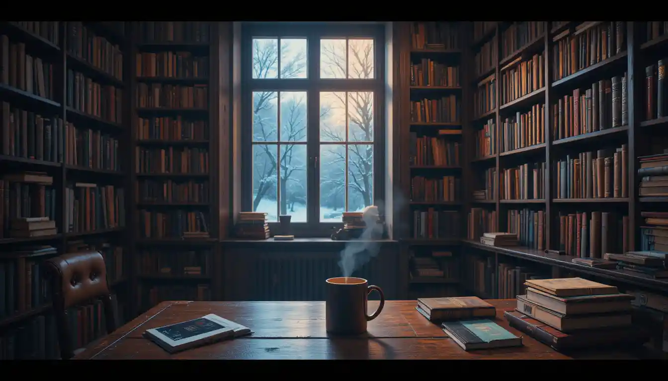 Estudio acogedor con taza de café y nieve fuera de la ventana