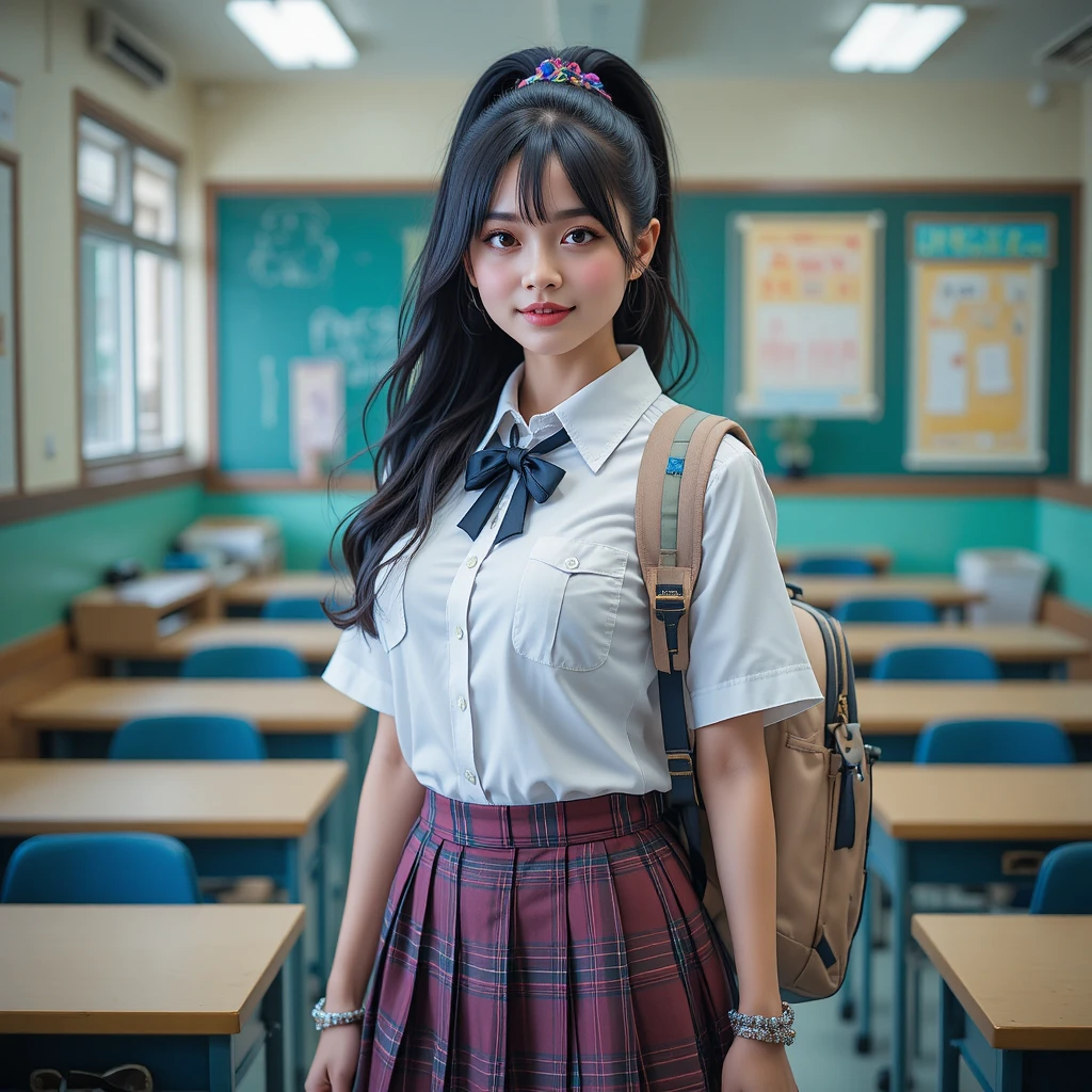 Japanese schoolgirl posing in a bright classroom