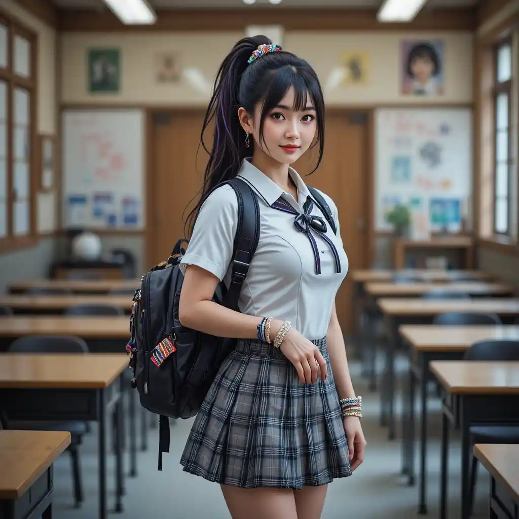 Confident Japanese schoolgirl in classroom with gyaru style