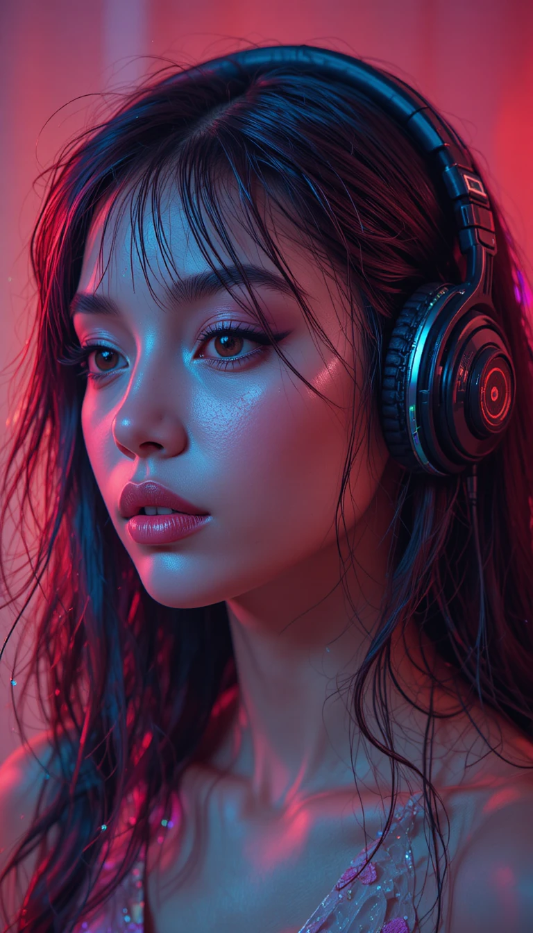 Hooded silhouette with colorful audio equalizer face