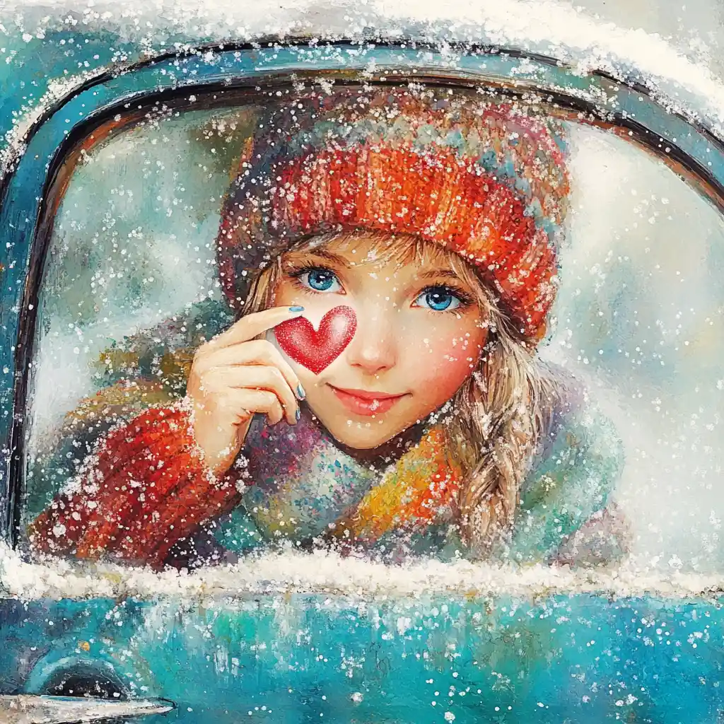 Ragazza che disegna un cuore sul finestrino innevato di un'auto