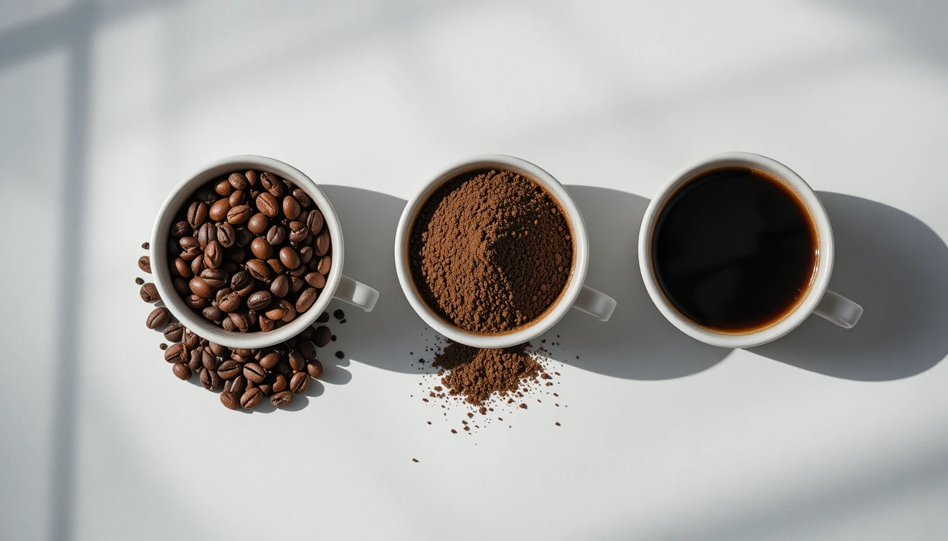Fila minimalista en vista cenital de tres tazas de café blancas