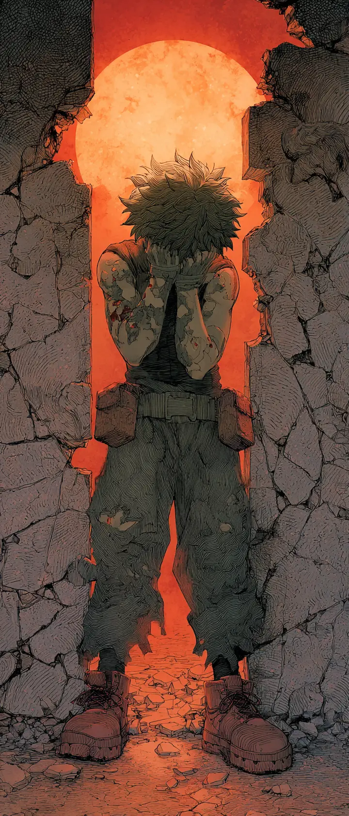 Scarred young hero breaking down in ruined city dawn light