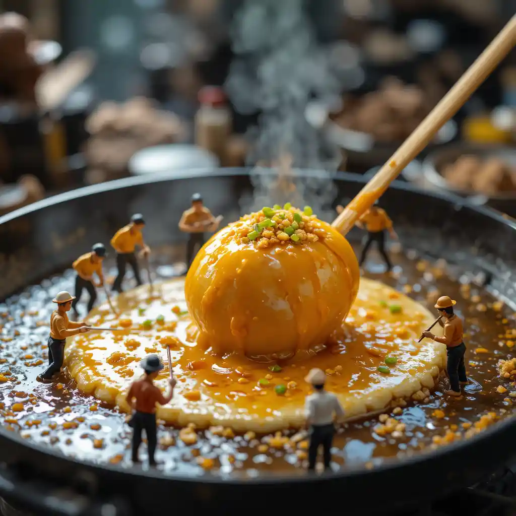 Miniature street food chefs cooking a giant egg skewer
