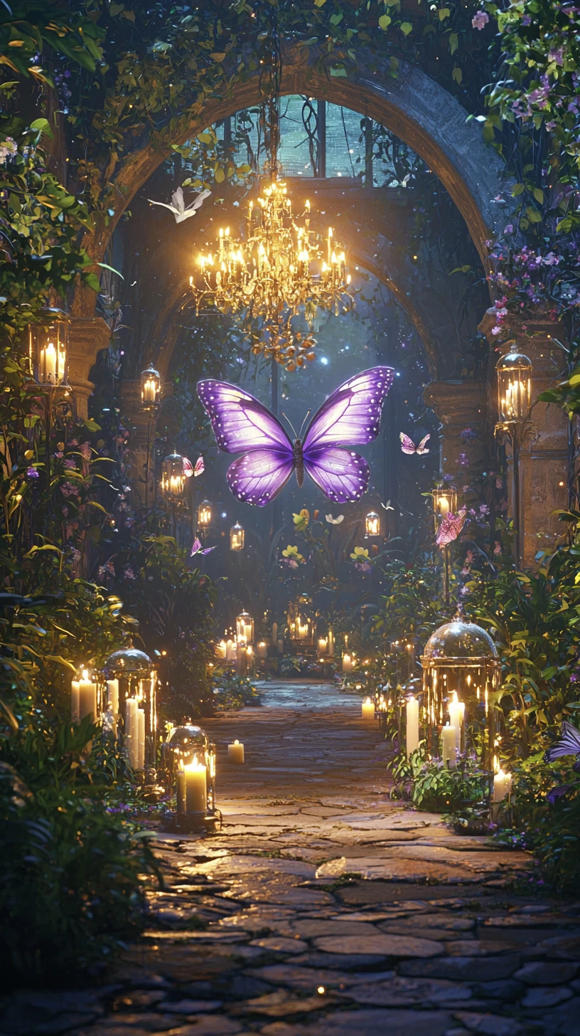 Jardín encantado a la luz de las velas con mariposa púrpura brillante