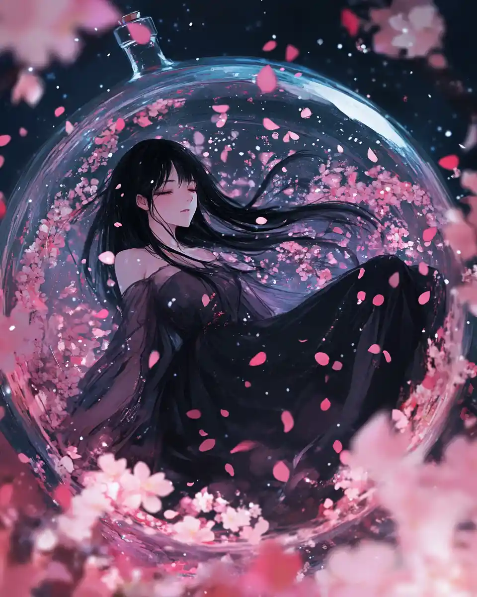 Anime woman in glass bottle with cherry blossom sky