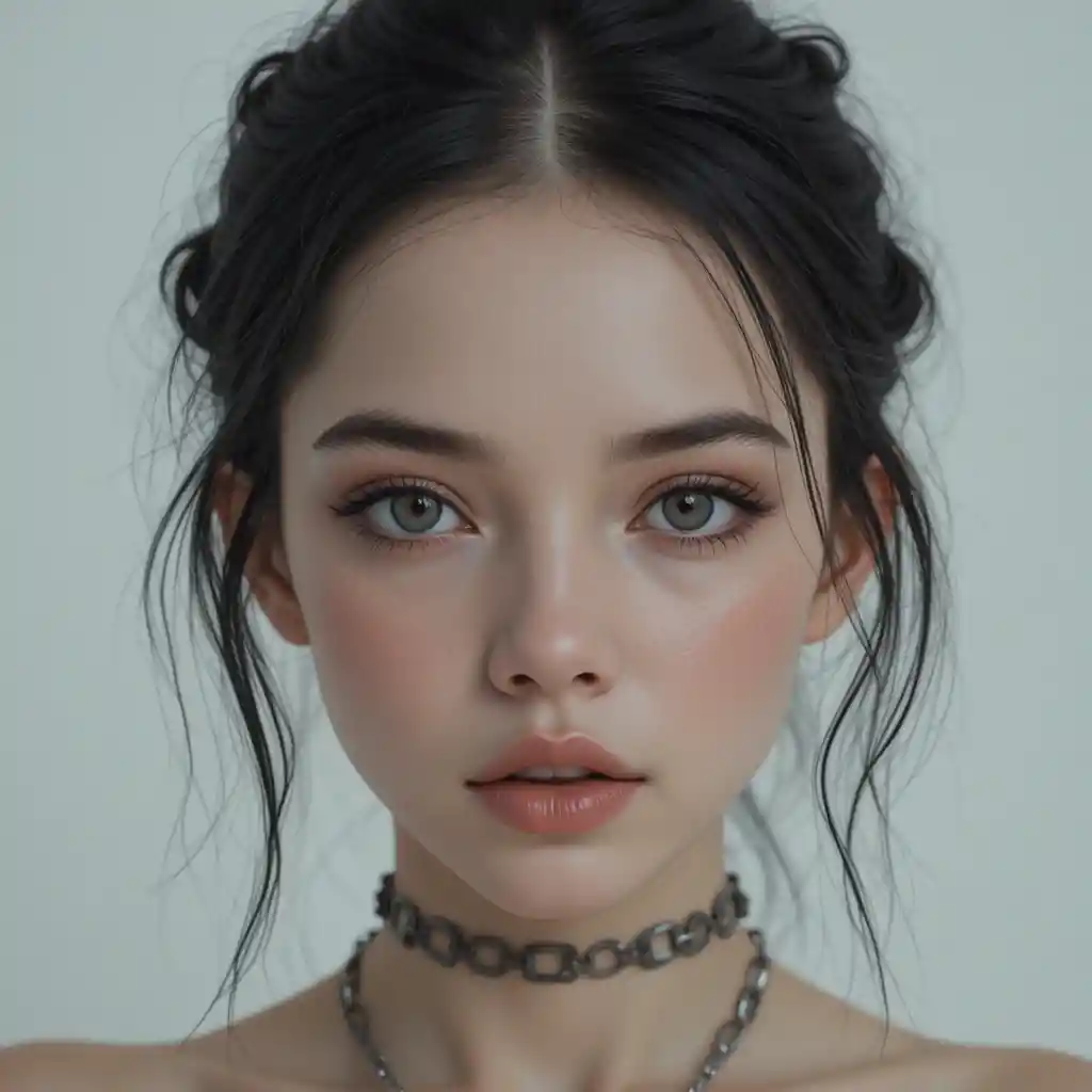 Close up portrait of a pale young woman with grey eyes