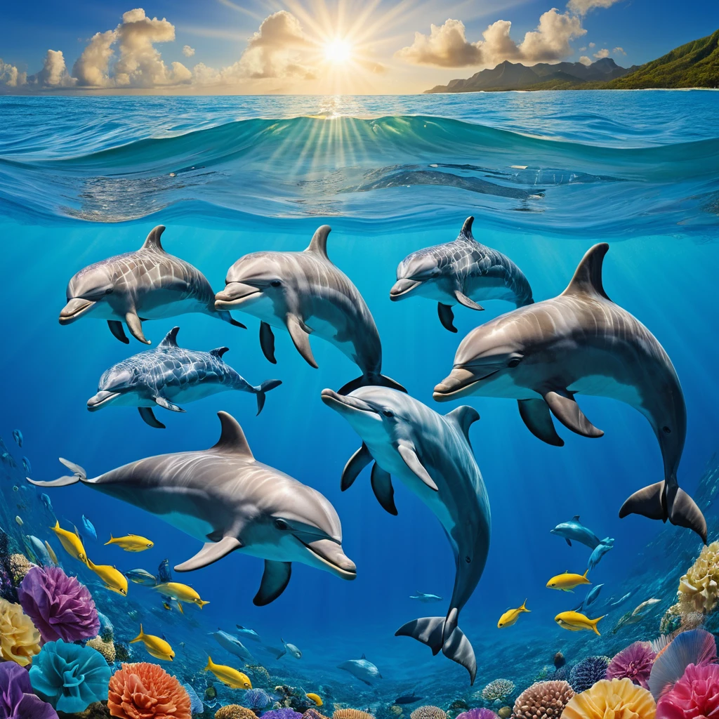 Playful dolphin family swimming in a colorful ocean