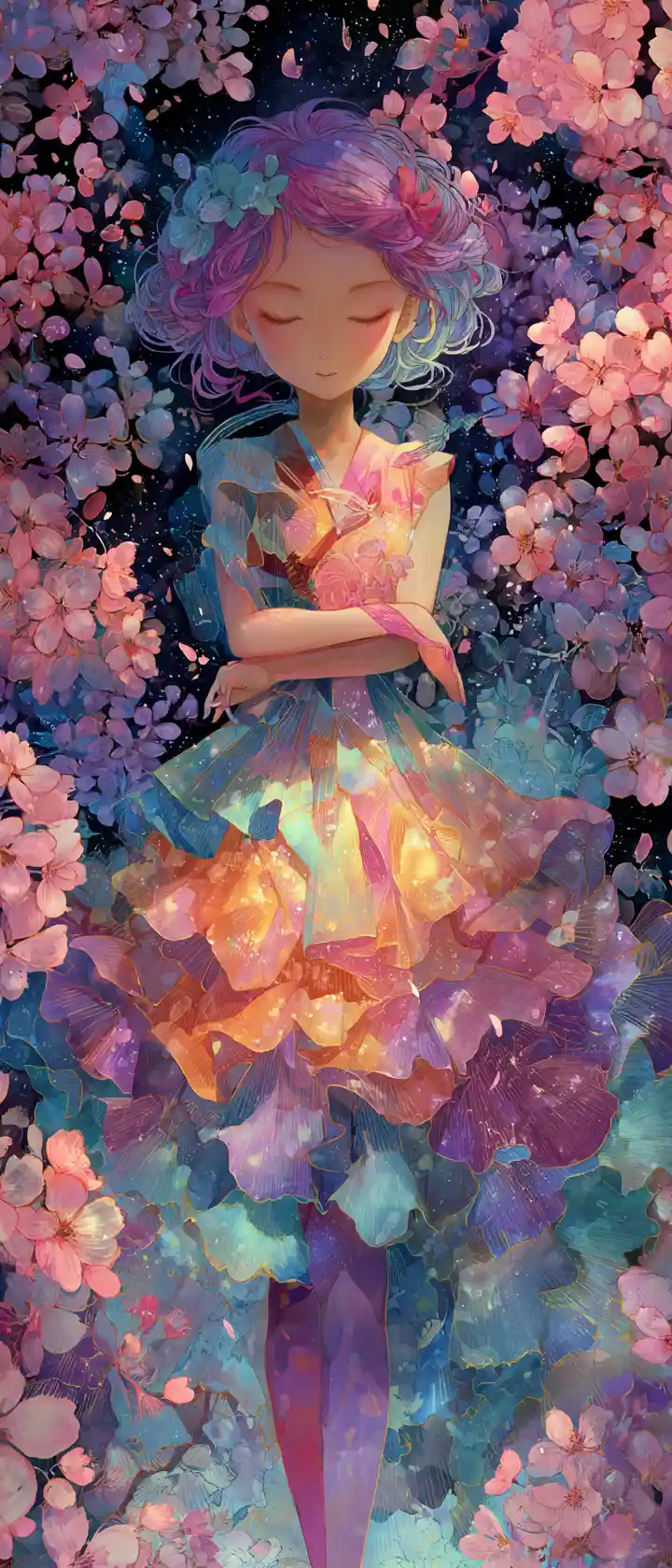 Ethereal girl amid cherry blossoms and aurora at dawn