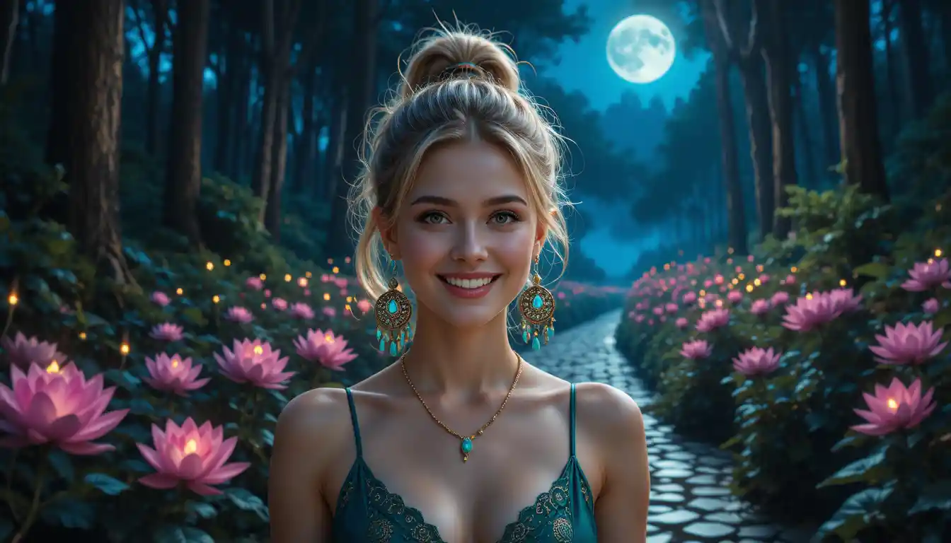 Donna sorridente con gioielli boho in una foresta al chiaro di luna