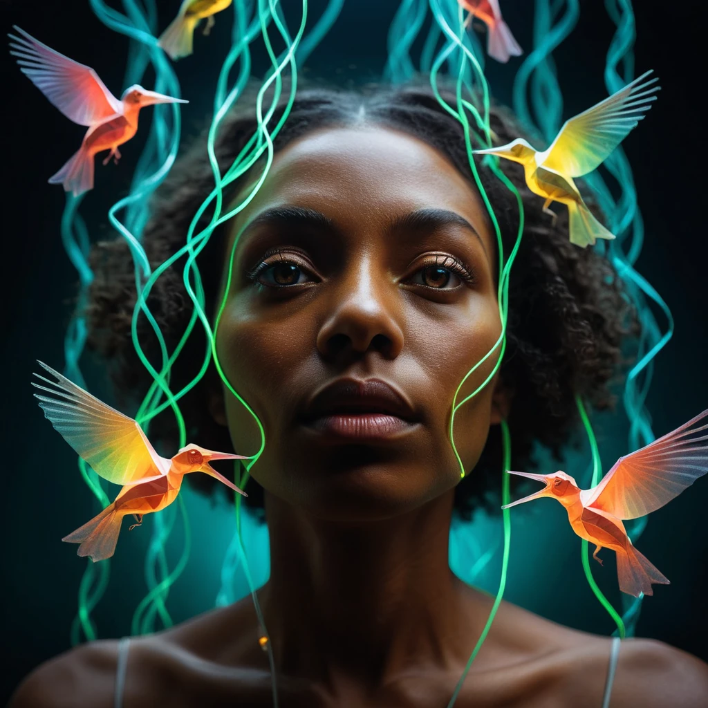 Woman Reaching Through Neon Surreal Hallucination Vision