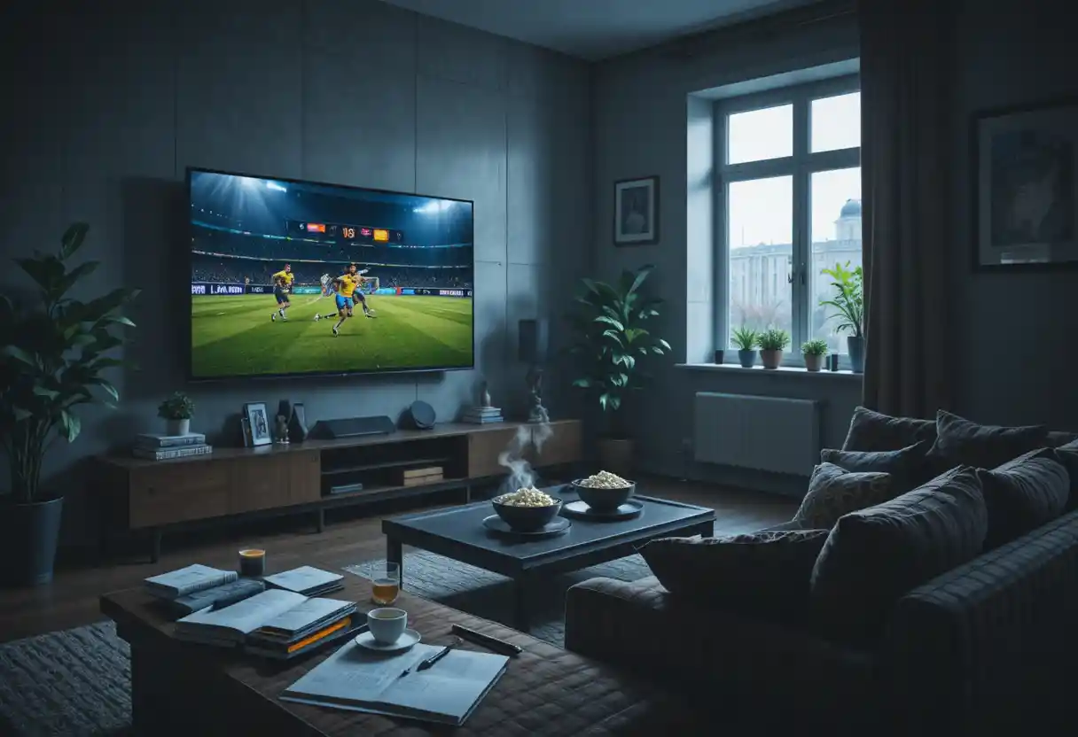 Cozy living room with tv glow and quiet creative details