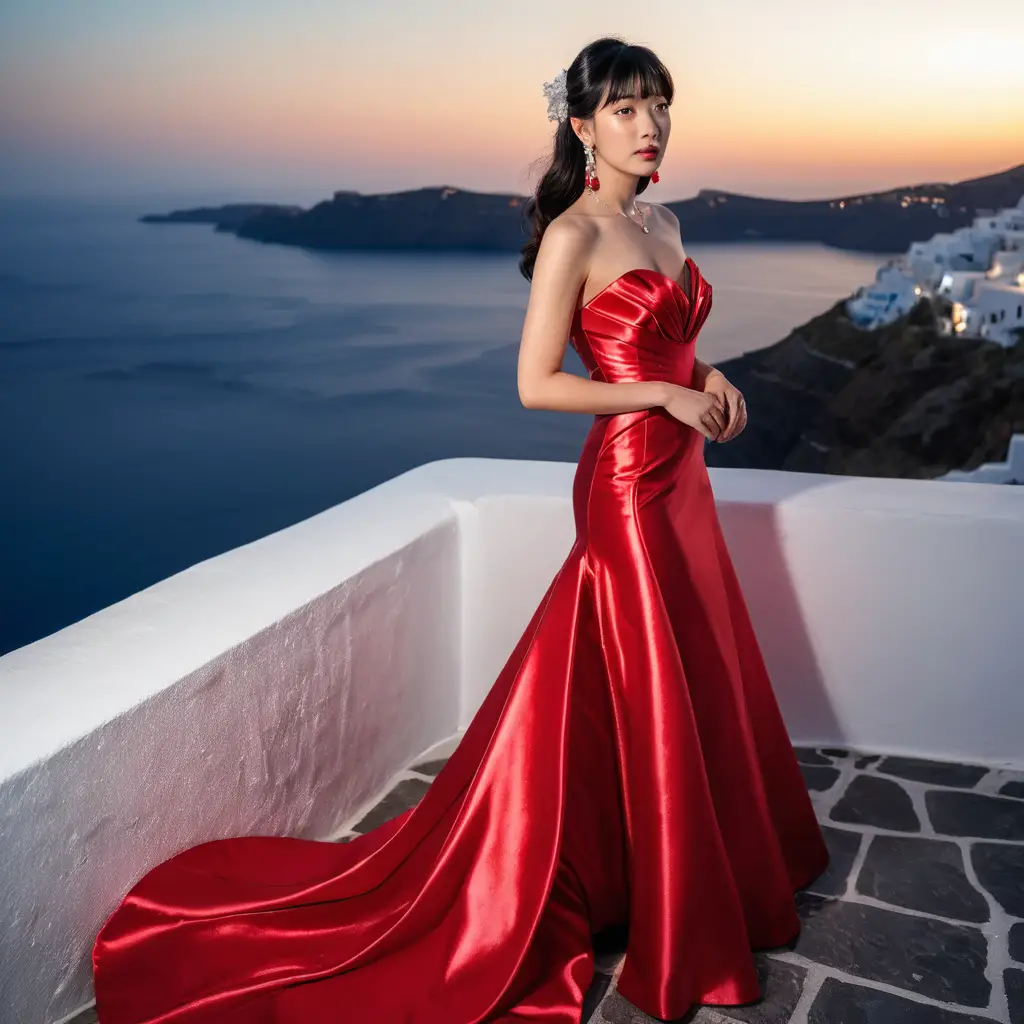 Joven mujer con vestido de satén rojo de noche en Santorini