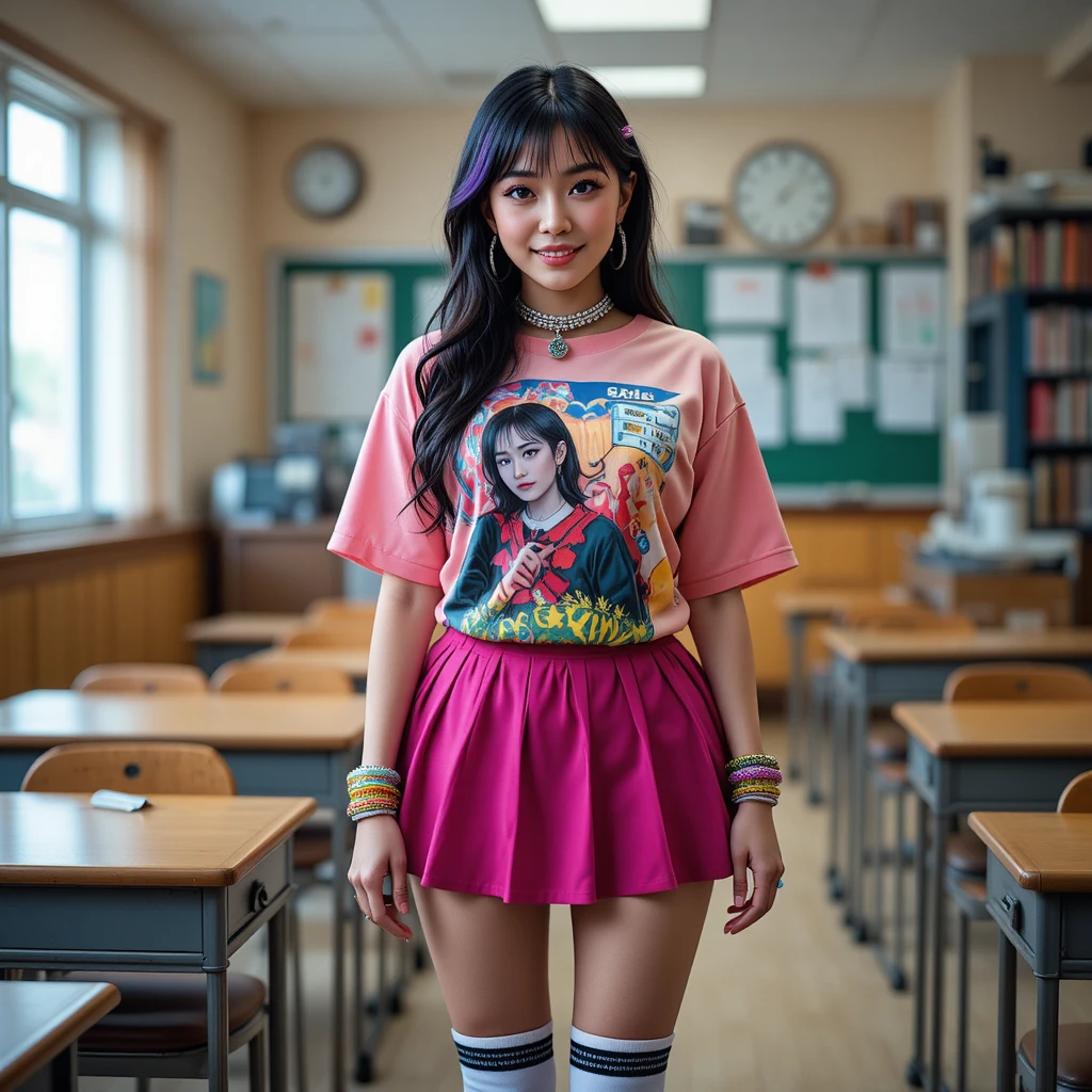 Confident Japanese woman in colorful gyaru style classroom scene