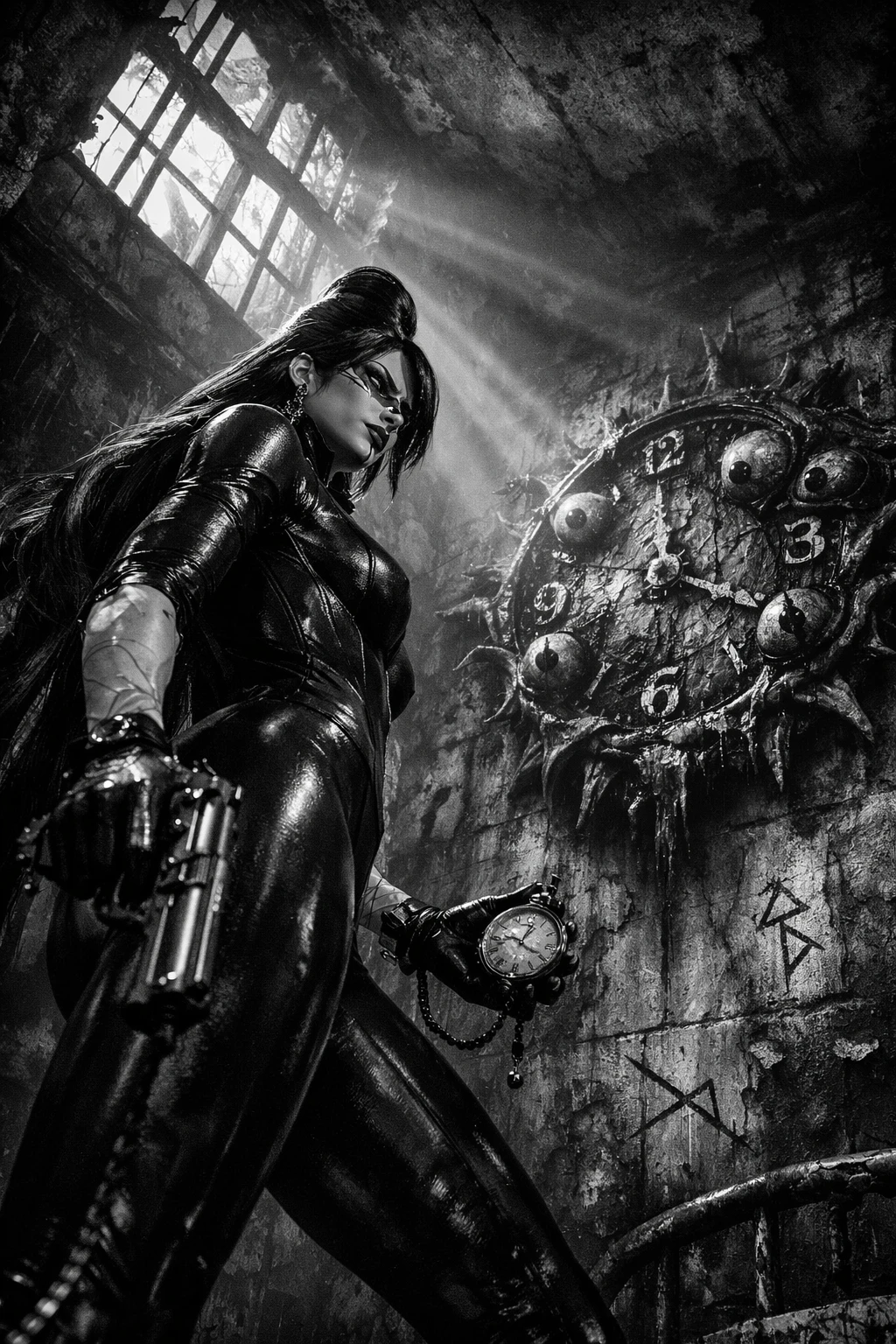 Witch stands in decaying asylum cell with haunted clock