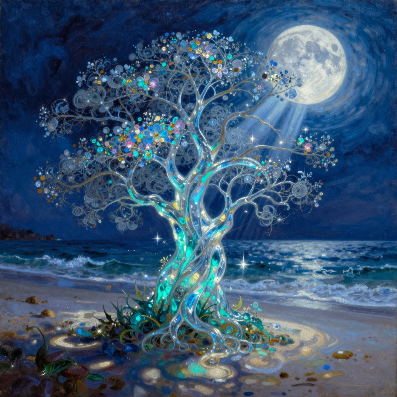 Fantasy moonlit beach with swirling trees and flowers
