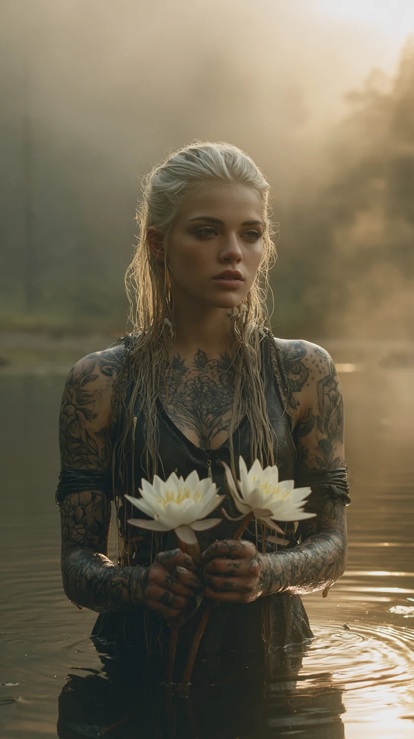 Tattooed blonde woman in a misty sunrise lake holding lilies