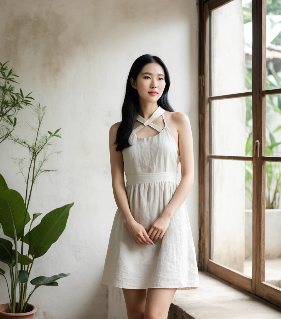 Vietnamese woman in linen dress in minimalist earth tone room