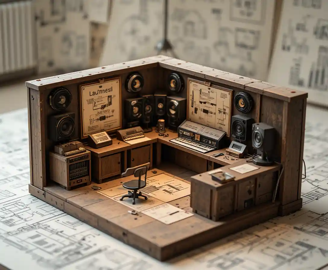 Maquette miniature de laboratoire acoustique avec schémas techniques
