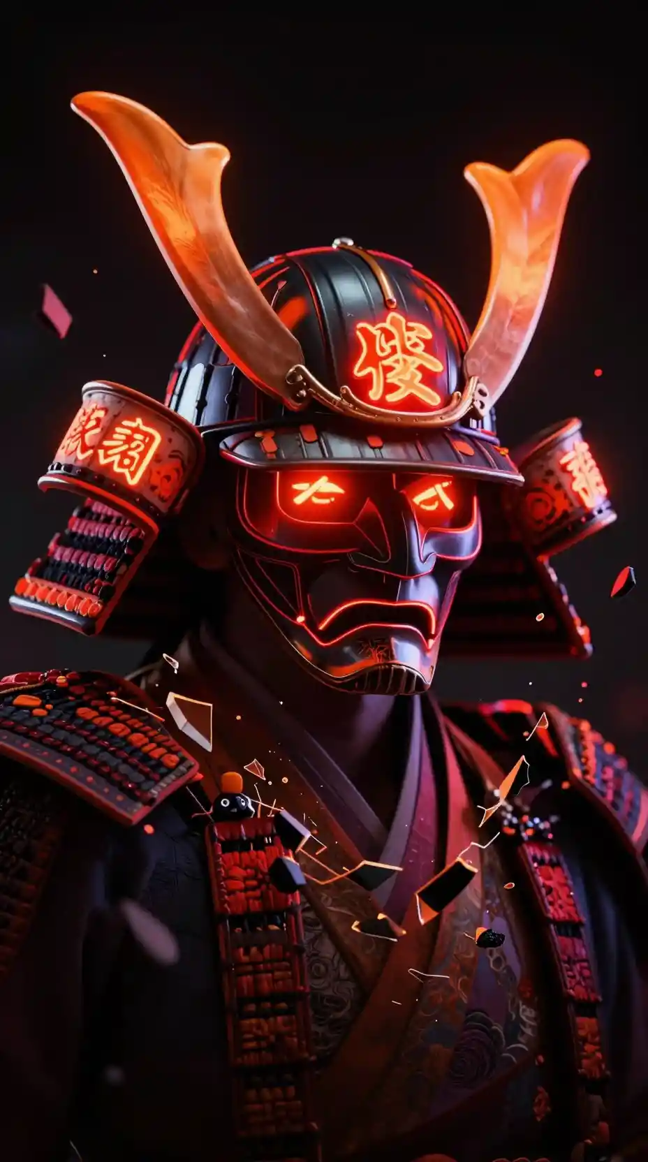 Elmo da samurai con corna al neon che irrompe da un vuoto oscuro