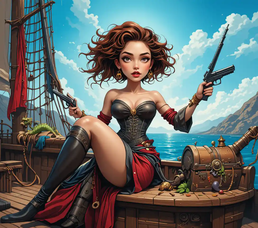 Scarred pirate woman relaxing with weapons on ship deck