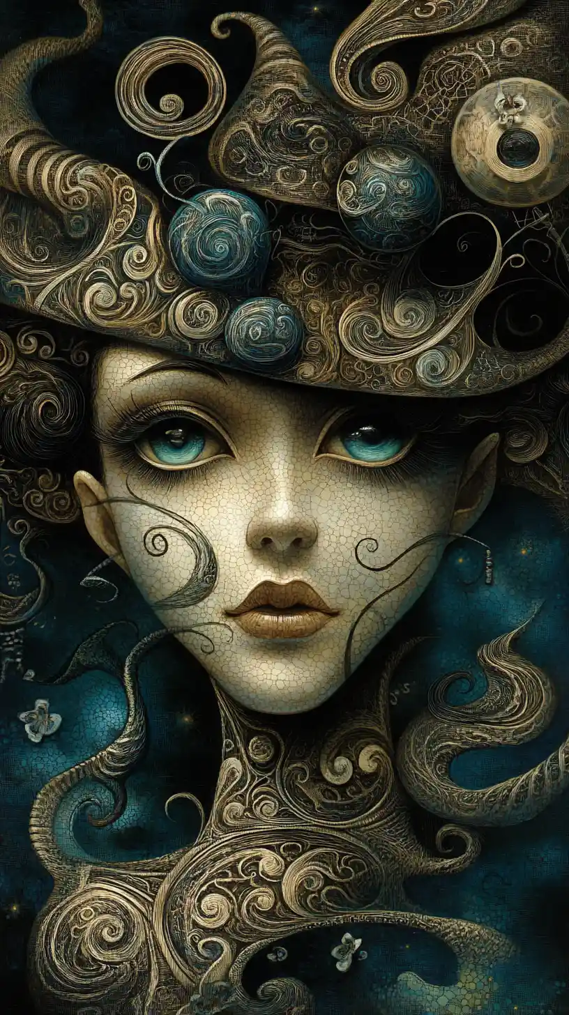 French mime in a surreal charcoal and blue fantasy world
