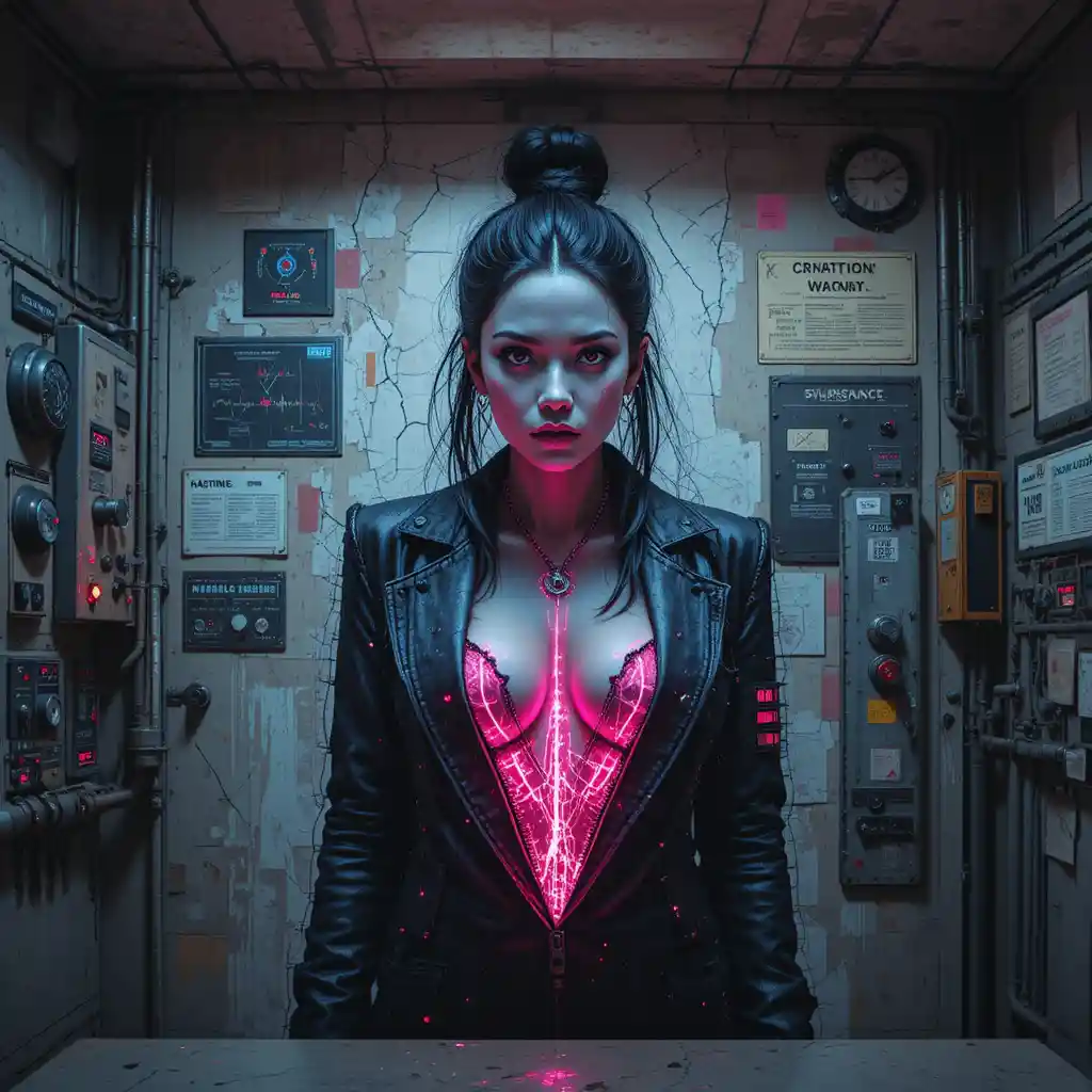 Cyber femme fatale mural in an abandoned control room