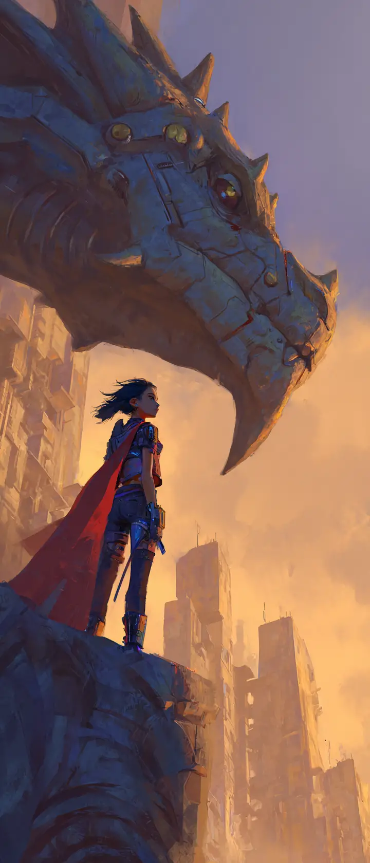 Futuristic Warrior Woman On Mechanical Dragon At Sunrise