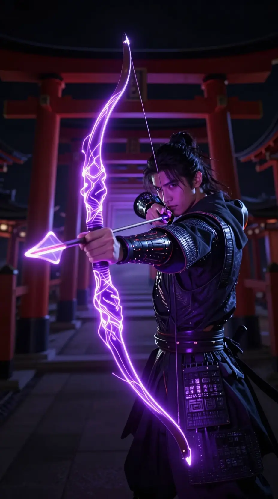 Cyber samurai archer with neon energy bow and glowing arrow
