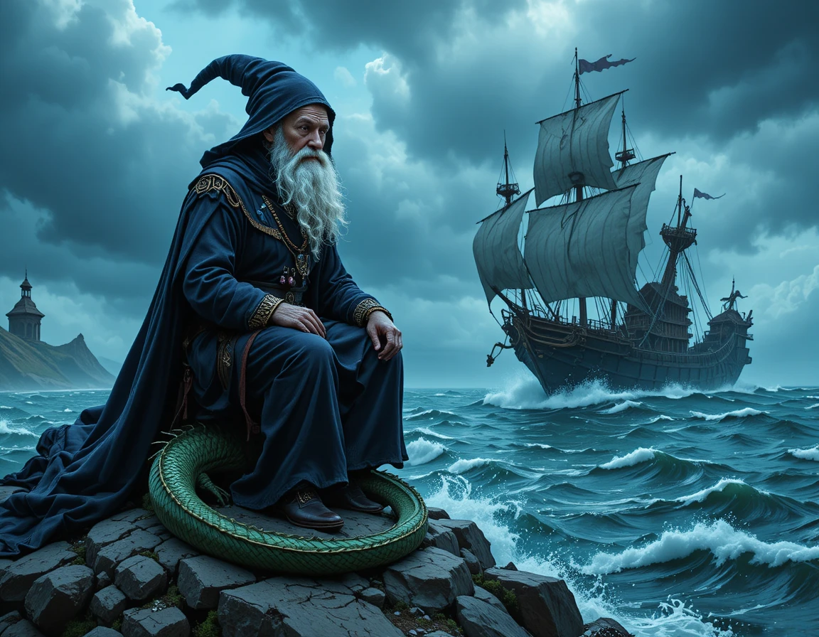 Elderly Wizard With Dragon On Stormy Coastal Rock