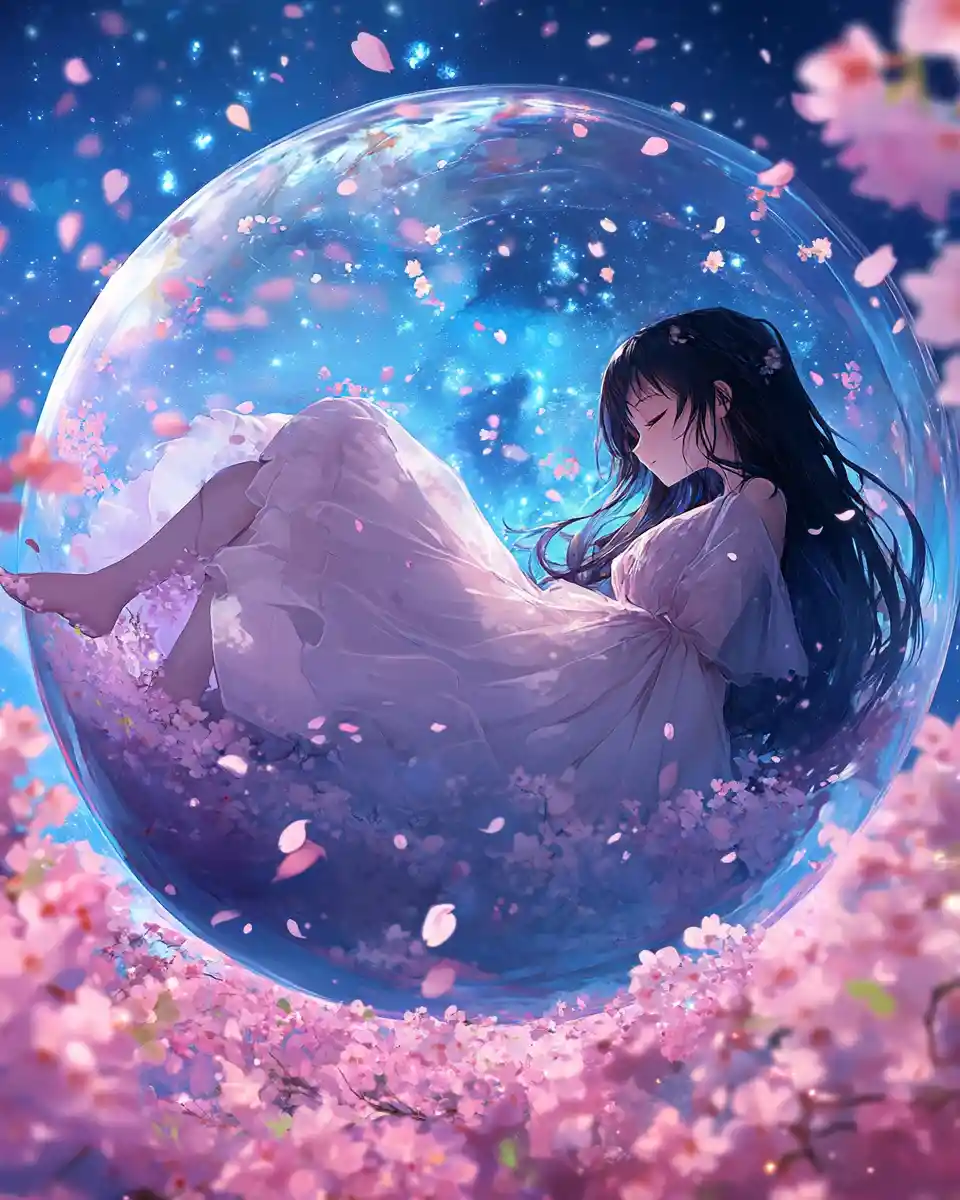 Anime woman in glass jar with cherry blossoms and stars