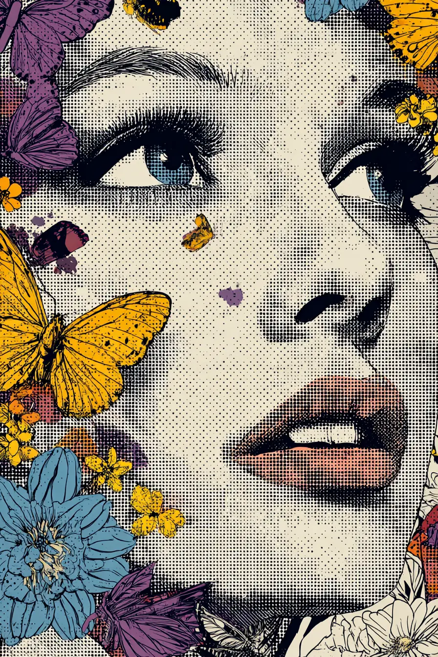 Surreal halftone portrait of a woman in classic cmyk style