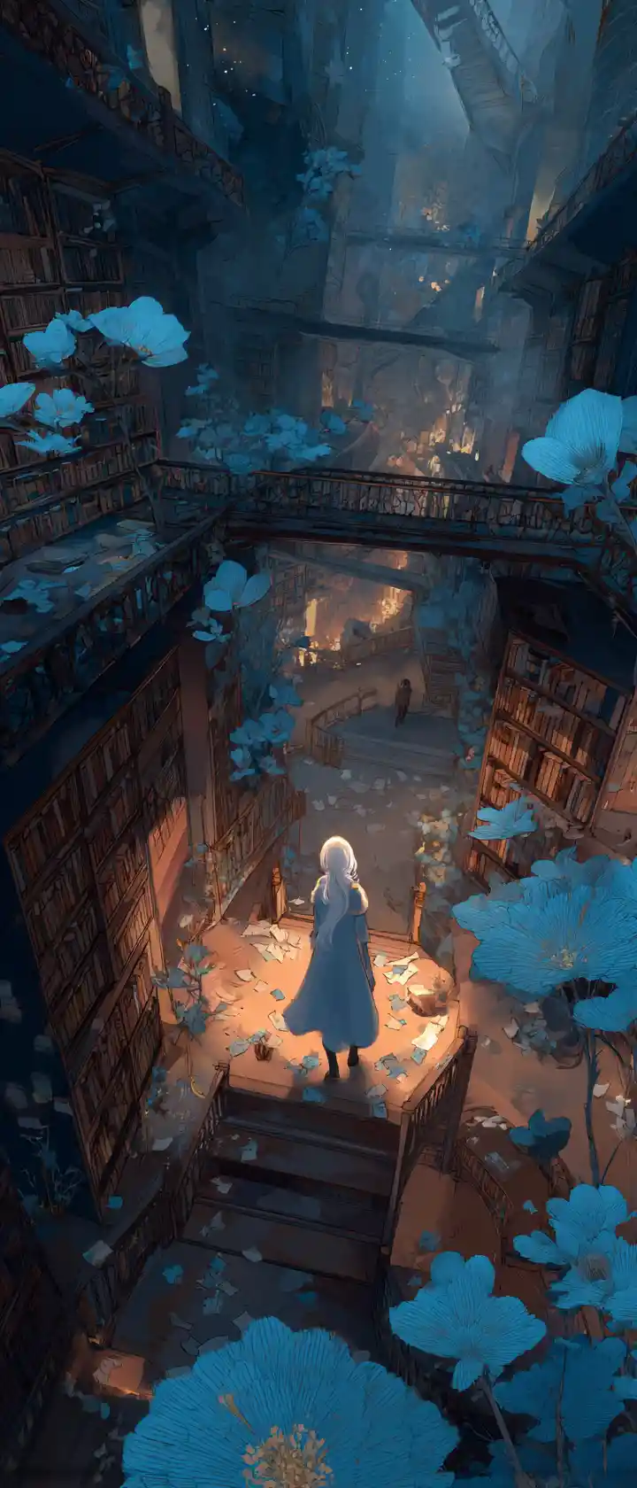Ethereal woman wandering through a crumbling floating library