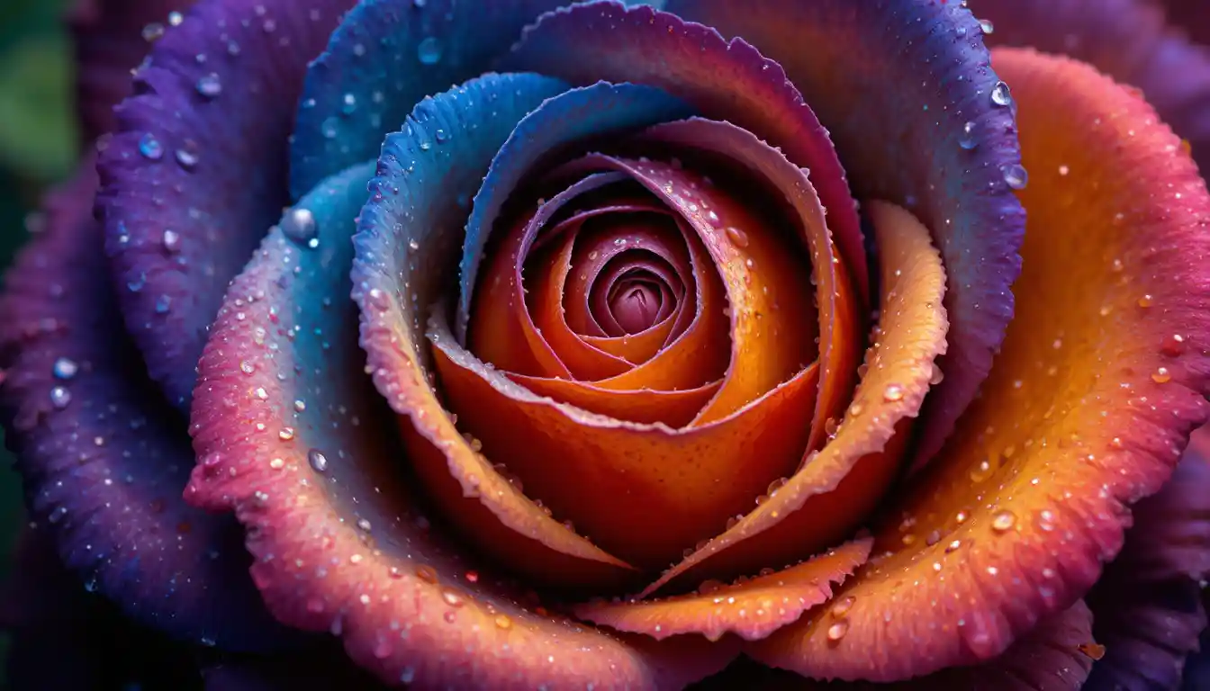 Close up macro of a black rose with rainbow edges